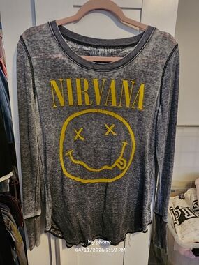 NIRVANA Gray Long Sleeve Tee with Yellow Smiley Logo